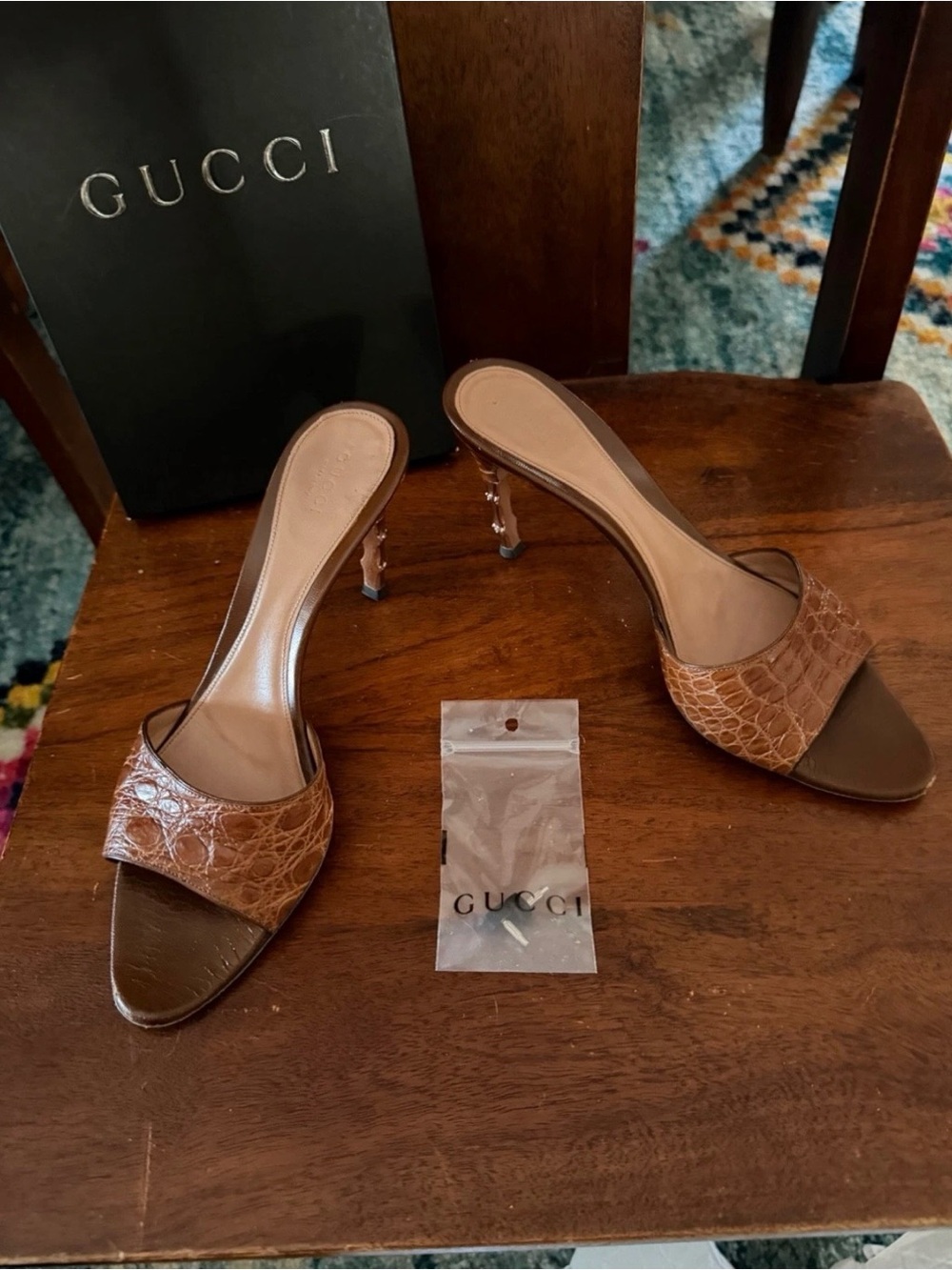 Gucci Brown Croc-Embossed Open-Toe Slide Heels